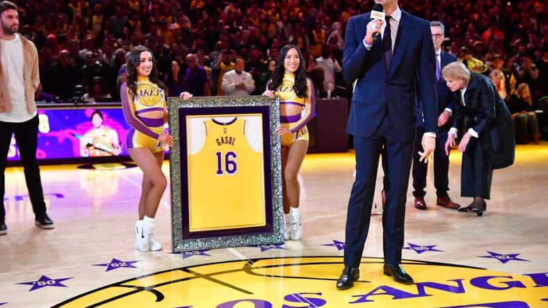 Mar 7, 2023; Los Angeles, California, USA; Former Los Angeles Lakers player Pau Gasol speaks as his number is retired during halftime at Crypto.com Arena. Mandatory Credit: Gary A. Vasquez-USA TODAY Sports