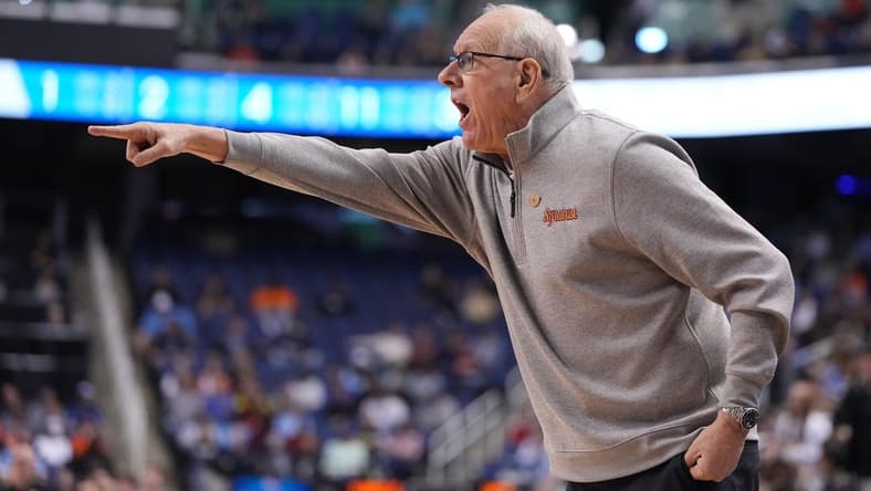 Mar 8, 2023; Greensboro, NC, USA; Syracuse Orange head coach Jim Boeheim reacts in the first half of the second round at Greensboro Coliseum. Mandatory Credit: Bob Donnan-USA TODAY Sports