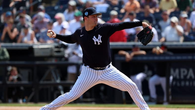 Mar 8, 2023; Tampa, Florida, USA; New York Yankees starting pitcher Gerrit Cole (45) throws a pitch during the first inning against the St. Louis Cardinals at George M. Steinbrenner Field. Mandatory Credit: Kim Klement-USA TODAY Sports