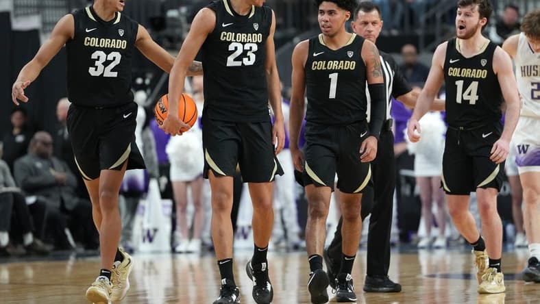 Mar 8, 2023; Las Vegas, NV, USA; Colorado Buffaloes guard Nique Clifford (32), Colorado Buffaloes forward Tristan da Silva (23), Colorado Buffaloes guard Julian Hammond III (1), and Colorado Buffaloes guard Ethan Wright (14) walk up court after a scoring play against the Washington Huskies during the second half at T-Mobile Arena. Mandatory Credit: Stephen R. Sylvanie-USA TODAY Sports