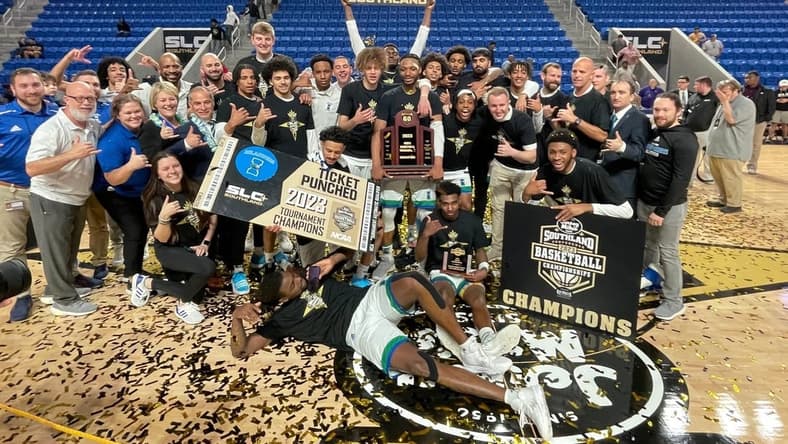 Texas A&M-Corpus Christi men's basketball players and coaches celebrate after winning the Southland Conference Tournament championship on Wednesday, March 8, 2023 in Lake Charles, La.
Img 1426