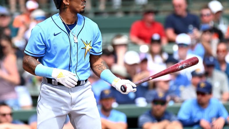 Feb 27, 2023; Sarasota, Florida, USA; Tampa Bay Rays shortstop Wander Franco (5) bats in the first inning of a spring training game against the Tampa Bay Rays at Ed Smith Stadium. Mandatory Credit: Jonathan Dyer-USA TODAY Sports