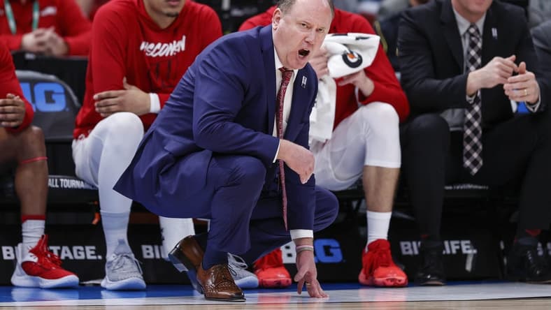 Mar 8, 2023; Chicago, IL, USA; Wisconsin Badgers head coach Greg Gard yells to his team during the second half of a game against the Ohio State Buckeyes at United Center. Mandatory Credit: Kamil Krzaczynski-USA TODAY Sports