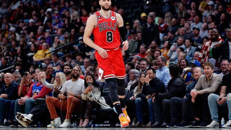 Mar 8, 2023; Denver, Colorado, USA; Chicago Bulls guard Zach LaVine (8) reacts after a play in the fourth quarter against the Denver Nuggets at Ball Arena. Mandatory Credit: Isaiah J. Downing-USA TODAY Sports