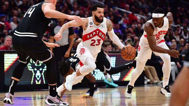 Mar 8, 2023; Los Angeles, California, USA; Toronto Raptors guard Fred VanVleet (23) moves the ball against Los Angeles Clippers center Mason Plumlee (44) during the second half at Crypto.com Arena. Mandatory Credit: Gary A. Vasquez-USA TODAY Sports
