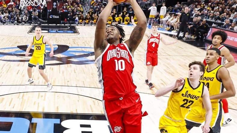 Mar 9, 2023; Chicago, IL, USA; Ohio State Buckeyes forward Brice Sensabaugh (10) goes to the basket against the Iowa Hawkeyes during the second half at United Center. Mandatory Credit: Kamil Krzaczynski-USA TODAY Sports