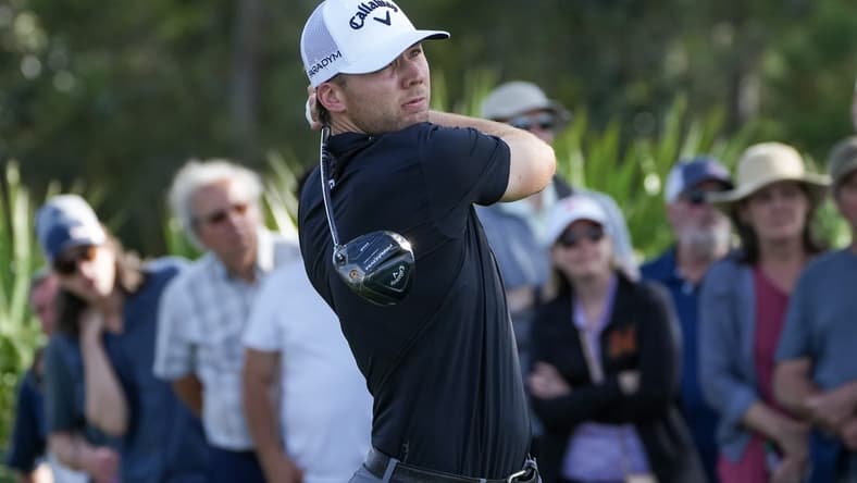 Mar 9, 2023; Ponte Vedra Beach, Florida, USA; Sam Burns plays from the 9th tee during the first round of THE PLAYERS Championship golf tournament. Mandatory Credit: David Yeazell-USA TODAY Sports