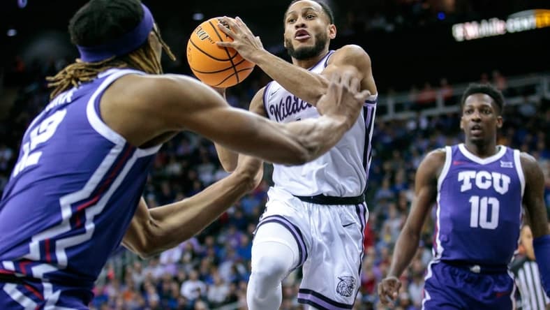 Mar 9, 2023; Kansas City, MO, USA; Kansas State Wildcats guard Markquis Nowell (1) looks to pass during the first half against the TCU Horned Frogs at T-Mobile Center. Mandatory Credit: William Purnell-USA TODAY Sports