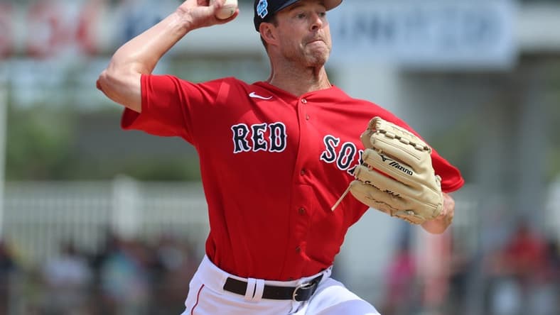Mar 10, 2023; Fort Myers, Florida, USA; Boston Red Sox starting pitcher Corey Kluber (28) throws a pitch during the first inning against the Toronto Blue Jays at JetBlue Park at Fenway South. Mandatory Credit: Kim Klement-USA TODAY Sports