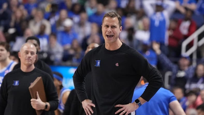 Mar 10, 2023; Greensboro, NC, USA; Duke Blue Devils head coach Jon Scheyer reacts in the second half during the semifinals of the ACC Tournament at Greensboro Coliseum. Mandatory Credit: Bob Donnan-USA TODAY Sports
