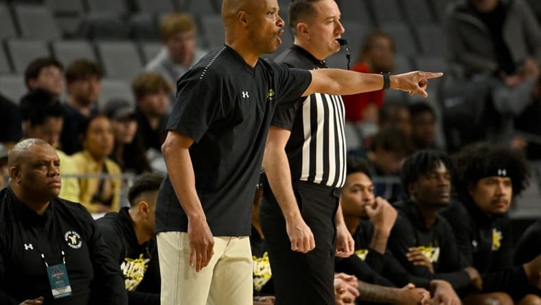 Mar 10, 2023; Fort Worth, TX, USA; Wichita State Shockers head coach Isaac Brown motions to his team during the first half against the Tulane Green Wave at Dickies Arena. Mandatory Credit: Jerome Miron-USA TODAY Sports