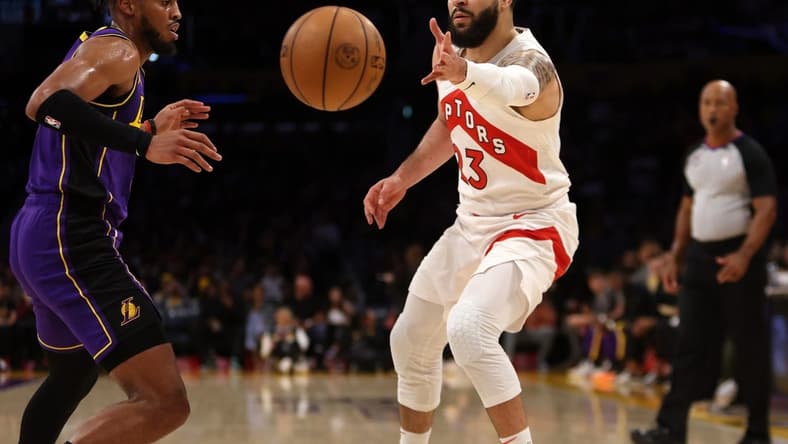 Mar 10, 2023; Los Angeles, California, USA; Toronto Raptors guard Fred VanVleet (23) passes the ball during the first quarter against the Los Angeles Lakers at Crypto.com Arena. Mandatory Credit: Kiyoshi Mio-USA TODAY Sports