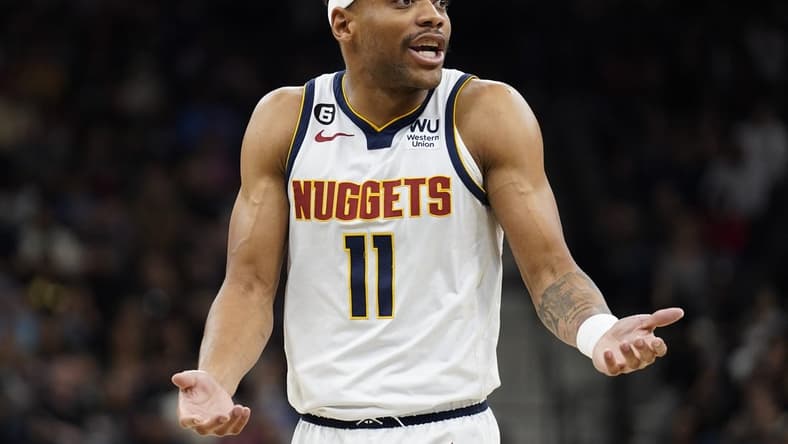 Mar 10, 2023; San Antonio, Texas, USA; Denver Nuggets forward Bruce Brown (11) reacts during the second half against the San Antonio Spurs at AT&T Center. Mandatory Credit: Scott Wachter-USA TODAY Sports
