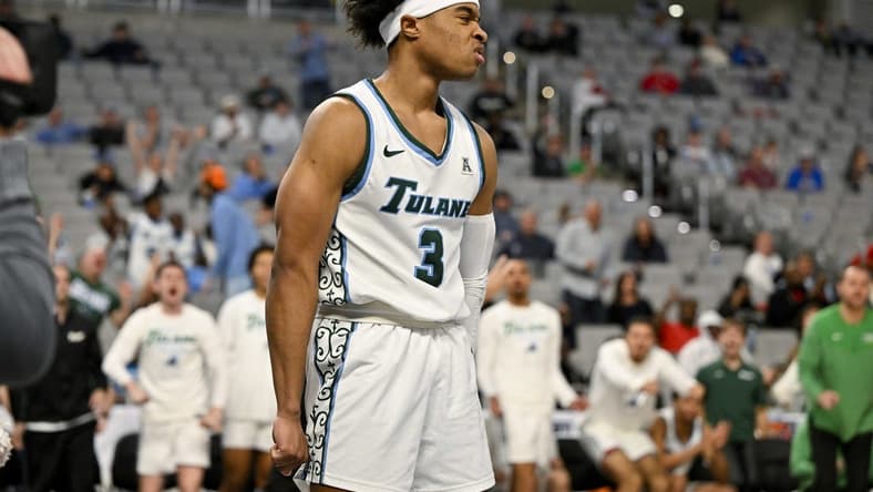 Mar 10, 2023; Fort Worth, TX, USA; Tulane Green Wave guard Jalen Cook (3) reacts after scoring a basket against the Tulane Green Wave during the second half at Dickies Arena. Mandatory Credit: Jerome Miron-USA TODAY Sports