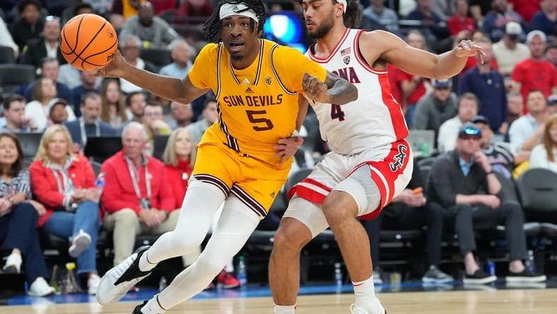 Mar 10, 2023; Las Vegas, NV, USA; Arizona State Sun Devils guard Desmond Cambridge Jr. (4) dribbles against Arizona Wildcats guard Kylan Boswell (4) during the first half at T-Mobile Arena. Mandatory Credit: Stephen R. Sylvanie-USA TODAY Sports