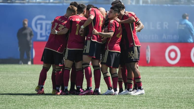 Mar 11, 2023; Charlotte, North Carolina, USA; Atlanta United huddle during the first half against the Charlotte FC at Bank of America Stadium. Mandatory Credit: Jim Dedmon-USA TODAY Sports