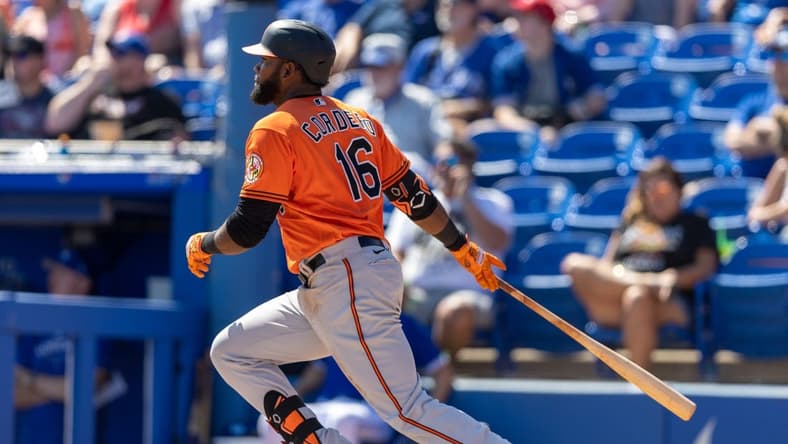 Mar 11, 2023; Dunedin, Florida, USA; Baltimore Orioles right fielder Franchy Cordero (16) hits a two rbi double against the Toronto Blue Jays in the third inning during spring training at TD Ballpark. Mandatory Credit: Nathan Ray Seebeck-USA TODAY Sports