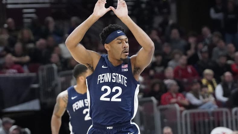 Mar 11, 2023; Chicago, IL, USA; Penn State Nittany Lions guard Jalen Pickett (22) gestures after making a three point basket against the Indiana Hoosiers during the first half at United Center. Mandatory Credit: David Banks-USA TODAY Sports