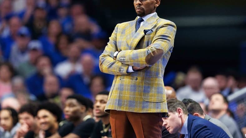 Mar 1, 2023; Lexington, Kentucky, USA; Vanderbilt Commodores head coach Jerry Stackhouse looks on during the second half against the Kentucky Wildcats at Rupp Arena at Central Bank Center. Mandatory Credit: Jordan Prather-USA TODAY Sports