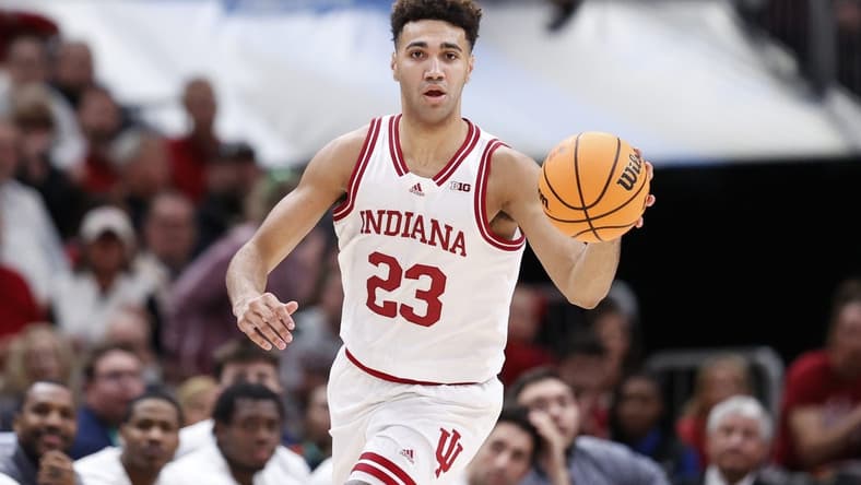 Mar 11, 2023; Chicago, IL, USA; Indiana Hoosiers forward Trayce Jackson-Davis (23) brings the ball up court against the Penn State Nittany Lions during the second half at United Center. Mandatory Credit: Kamil Krzaczynski-USA TODAY Sports