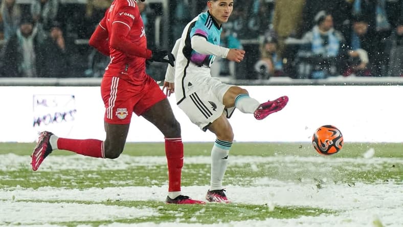 Mar 11, 2023; Saint Paul, Minnesota, USA; Minnesota United defender Miguel Tapias (4) passes the ball against the New York Red Bulls at Allianz Field. Mandatory Credit: Matt Blewett-USA TODAY Sports
