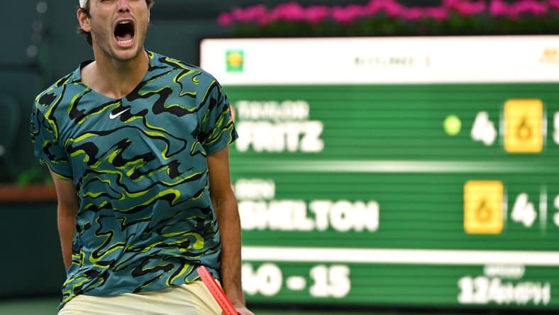 Mar 11, 2023; Indian Wells, CA, USA;  Taylor Fritz (USA) celebrates after defeating Ben Shelton (USA) in their second round match in the BNP Paribas Open at the Indian Wells Tennis Garden. Mandatory Credit: Jayne Kamin-Oncea-USA TODAY Sports