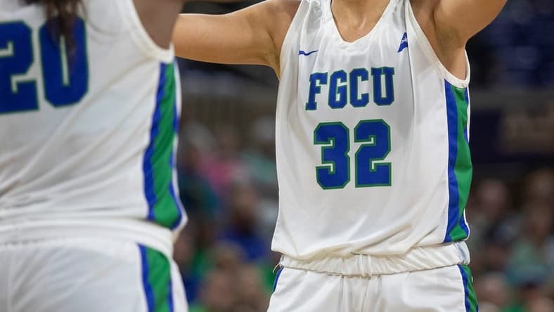 Emma List and Sha Carter of FGCU celebrate a shot against Liberty in the ASUN Women's Basketball Championship on Saturday, March 11, 2023, at Florida Gulf Coast University.
Fnp 031123 Ai Fgculiberty 012