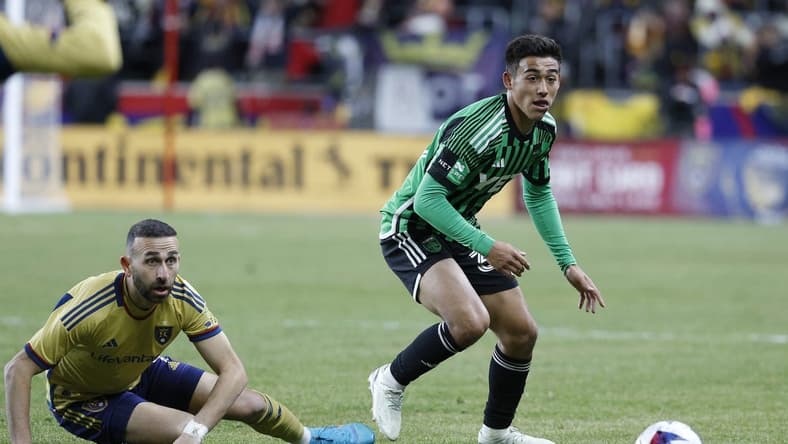 Mar 11, 2023; Sandy, Utah, USA; Austin FC midfielder Owen Wolff (33) looks to chase the ball against Real Salt Lake forward Justin Meram (9) in the second half at America First Field. Mandatory Credit: Jeffrey Swinger-USA TODAY Sports