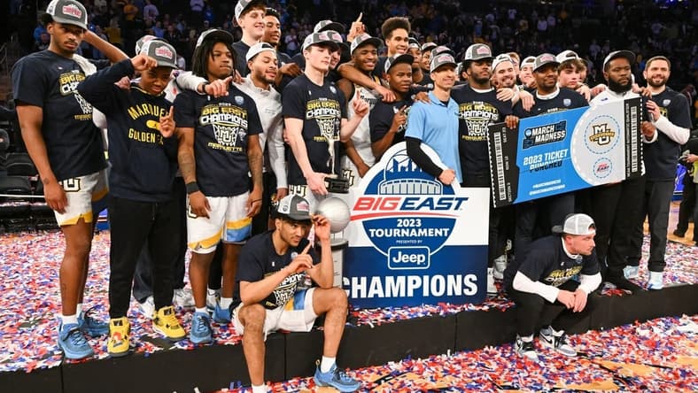 Mar 11, 2023; New York, NY, USA; Marquette Golden Eagles celebrate winning the Big East Tournament at Madison Square Garden. Mandatory Credit: Mark Smith-USA TODAY Sports