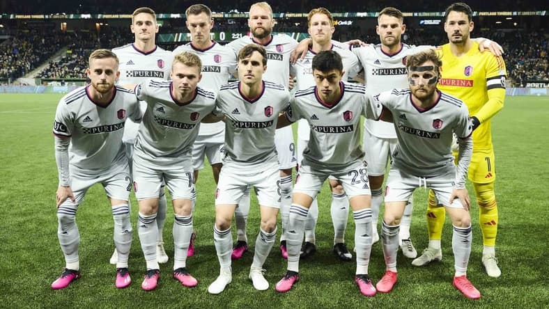 Mar 11, 2023; Portland, Oregon, USA; The starting eleven for St. Louis City before a game against the Portland Timbers at Providence Park. Mandatory Credit: Troy Wayrynen-USA TODAY Sports