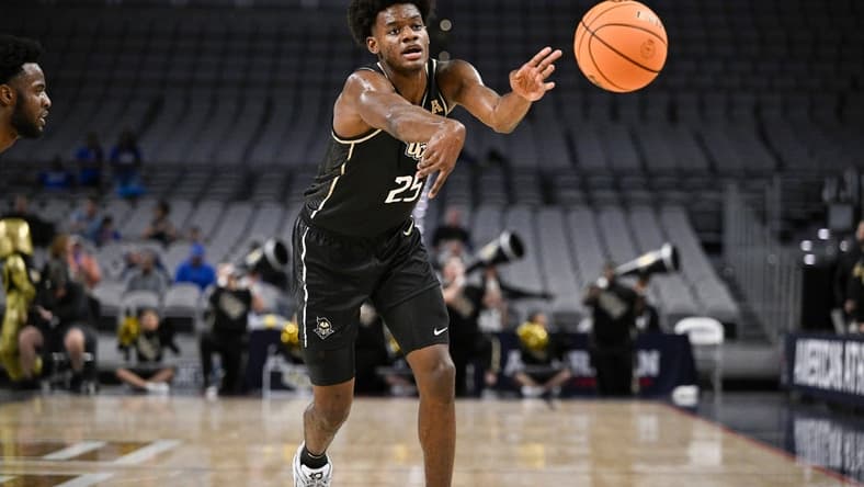 Mar 10, 2023; Fort Worth, TX, USA; UCF Knights forward Taylor Hendricks (25) in action during the game between the UCF Knights and the Memphis Tigers at Dickies Arena. Mandatory Credit: Jerome Miron-USA TODAY Sports