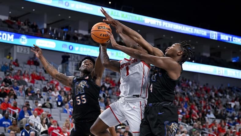 Mar 12, 2023; Fort Worth, TX, USA; Memphis Tigers guard Damaria Franklin (55) and forward Chandler Lawson (4) and Houston Cougars guard Jamal Shead (1) battle for control of the ball during the first half at Dickies Arena. Mandatory Credit: Jerome Miron-USA TODAY Sports