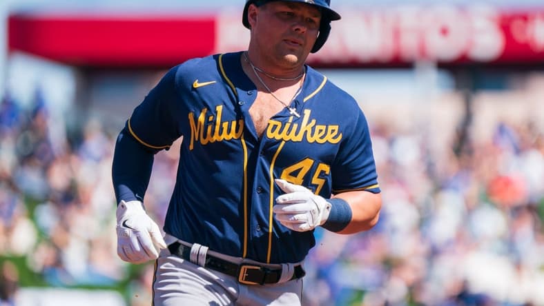 Mar 12, 2023; Mesa, Arizona, USA; Milwaukee Brewers infielder Luke Voit (45) trots around the bases after a home run in the second inning during a spring training game against the Chicago Cubs at Sloan Park. Mandatory Credit: Allan Henry-USA TODAY Sports