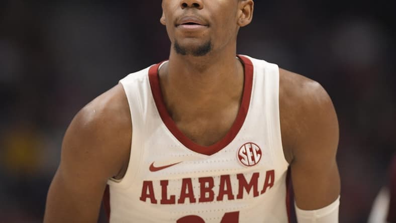 Mar 12, 2023; Nashville, TN, USA; Alabama Crimson Tide forward Brandon Miller (24) shoots free throws against the Texas A&M Aggies during the second half at Bridgestone Arena. Mandatory Credit: Steve Roberts-USA TODAY Sports