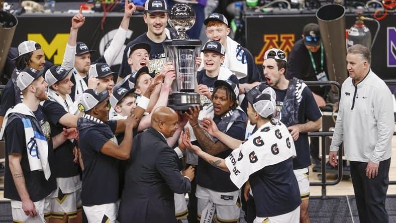 Mar 12, 2023; Chicago, IL, USA; Purdue Boilermakers players celebrate after winning Big Ten Conference Tournament Championship against the Penn State Nittany Lions at United Center. Mandatory Credit: Kamil Krzaczynski-USA TODAY Sports