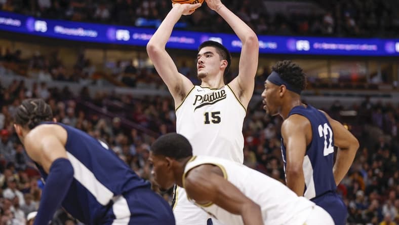Mar 12, 2023; Chicago, IL, USA; Purdue Boilermakers center Zach Edey (15) shoots a free throw against the Penn State Nittany Lions during the second half at United Center. Mandatory Credit: Kamil Krzaczynski-USA TODAY Sports