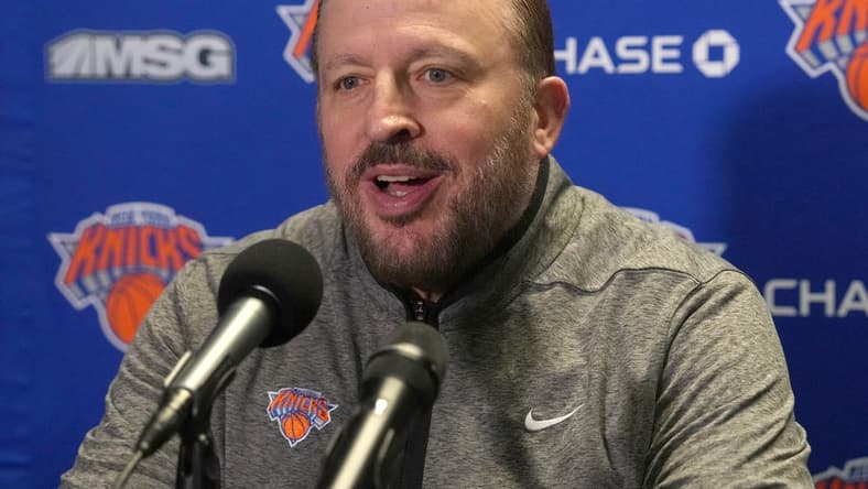 Mar 12, 2023; Los Angeles, California, USA; New York Knicks coach Tom Thibodeau at a press conference at Crypto.com Arena. Mandatory Credit: Kirby Lee-USA TODAY Sports