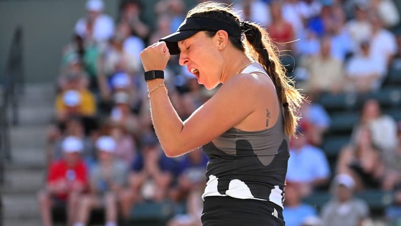 Mar 12, 2023; Indian Wells, CA, USA; Jessica Pegula (USA) celebrates after defeating Anastasia Potapova (RUS) in her fourth round match at the BNP Paribas Open at the Indian Wells Tennis Garden. Mandatory Credit: Jayne Kamin-Oncea-USA TODAY Sports