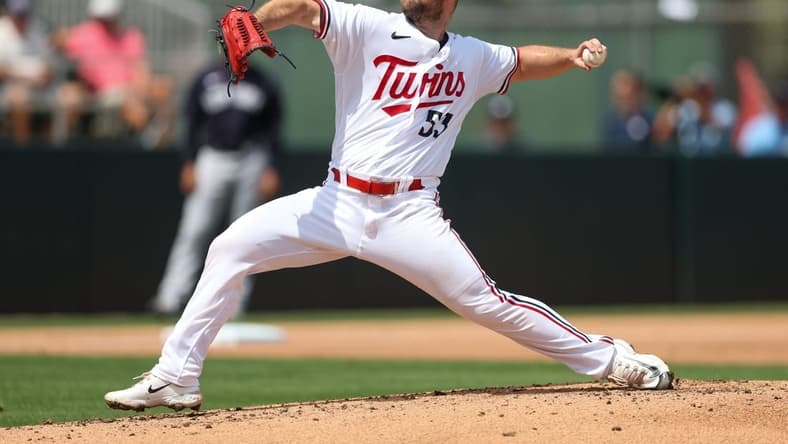 Mar 13, 2023; Fort Myers, Florida, USA;  Minnesota Twins pitcher Danny Coulombe (53) throws a pitch against the New York Yankees in the first inning during spring training at Hammond Stadium. Mandatory Credit: Nathan Ray Seebeck-USA TODAY Sports