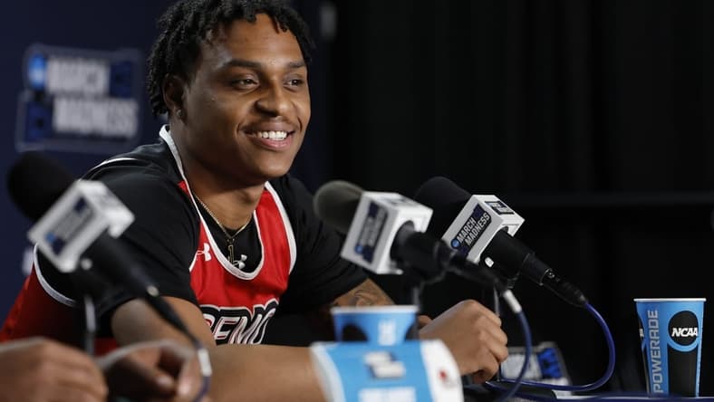 Mar 13, 2023; Dayton, OH, USA; Southeast Missouri State Redhawks guard Phillip Russell (1) talks to the press during the NCAA Tournament First Four Practice at UD Arena. Mandatory Credit: Rick Osentoski-USA TODAY Sports