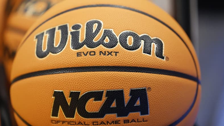 Mar 13, 2023; Dayton, OH, USA; General view of an official game ball during the NCAA Tournament First Four Practice at UD Arena. Mandatory Credit: Rick Osentoski-USA TODAY Sports