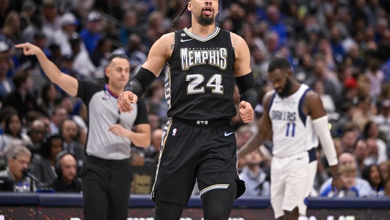 Mar 13, 2023; Dallas, Texas, USA; Memphis Grizzlies forward Dillon Brooks (24) reacts to scoring against the Dallas Mavericks during the second half at the American Airlines Center. Mandatory Credit: Jerome Miron-USA TODAY Sports