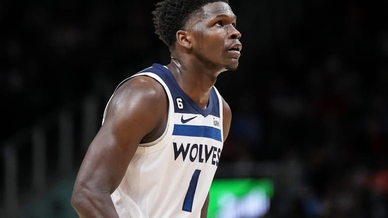 Mar 13, 2023; Atlanta, Georgia, USA; Minnesota Timberwolves guard Anthony Edwards (1) on the court against the Atlanta Hawks during the second half at State Farm Arena. Mandatory Credit: Dale Zanine-USA TODAY Sports