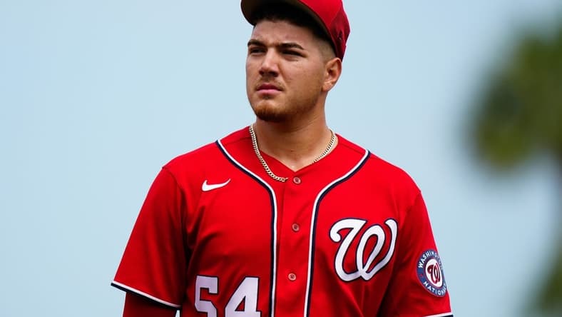 Mar 14, 2023; Port St. Lucie, Florida, USA; Washington Nationals starting pitcher Cade Cavalli (54) walks onto the field prior to a game against the New York Mets at Clover Park. Mandatory Credit: Rich Storry-USA TODAY Sports
