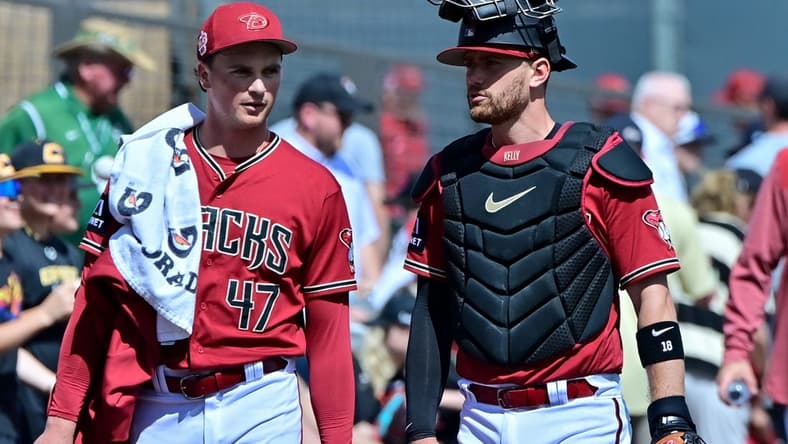 Mar 14, 2023; Salt River Pima-Maricopa, Arizona, USA; Arizona Diamondbacks starting pitcher Tommy Henry (47) and catcher Carson Kelly (18) walk in from the bullpen prior to a Spring Training game against the San Francisco Giants at Salt River Fields at Talking Stick. Mandatory Credit: Matt Kartozian-USA TODAY Sports
