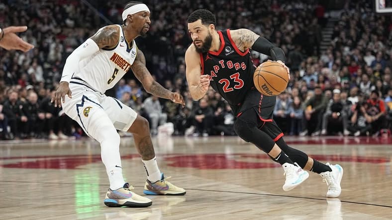 Mar 14, 2023; Toronto, Ontario, CAN; Toronto Raptors guard Fred VanVleet (23) dribbles the basketball against Denver Nuggets guard Kentavious Caldwell-Pope (5) during the first half at Scotiabank Arena. Mandatory Credit: John E. Sokolowski-USA TODAY Sports