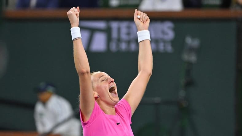 Mar 14, 2023; Indian Wells, CA, USA; Petra Kvitova (CZE) celebrates after defeating Jessica Pegula (USA) 13-11 in a third set tiebreaker during her fourth round match in the BNP Paribas Open at the Indian Wells Tennis Garden. Mandatory Credit: Jayne Kamin-Oncea-USA TODAY Sports