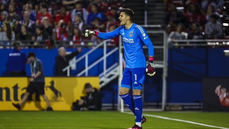 Mar 4, 2023; Frisco, Texas, USA;  Los Angeles Galaxy goalkeeper Jonathan Bond (1) reacts during the game against FC Dallas during the first half against FC Dallas at Toyota Stadium. Mandatory Credit: Kevin Jairaj-USA TODAY Sports