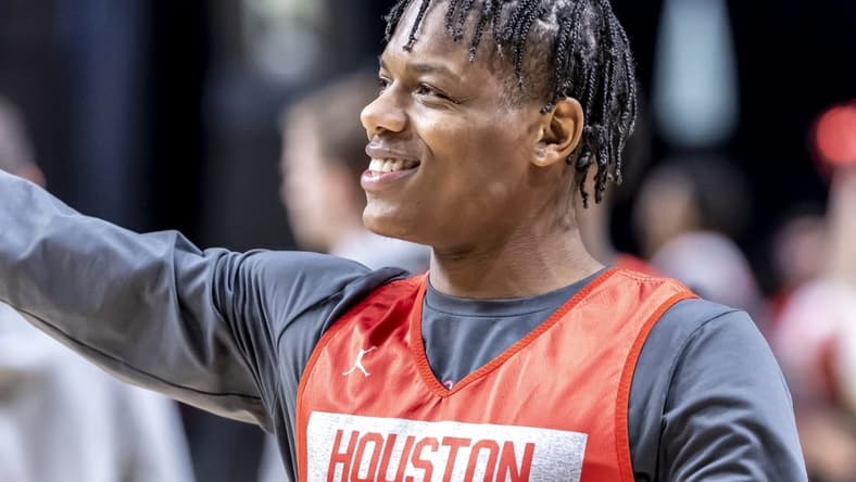 Mar 15, 2023; Birmingham, AL, USA; Houston Cougars guard Marcus Sasser (0) grins as he warms up during practice at Legacy Arena. Mandatory Credit: Vasha Hunt-USA TODAY Sports