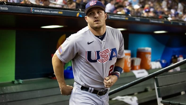 Mar 15, 2023; Phoenix, Arizona, USA; USA outfielder Mike Trout prior to the game against Colombia during the World Baseball Classic at Chase Field. Mandatory Credit: Mark J. Rebilas-USA TODAY Sports
